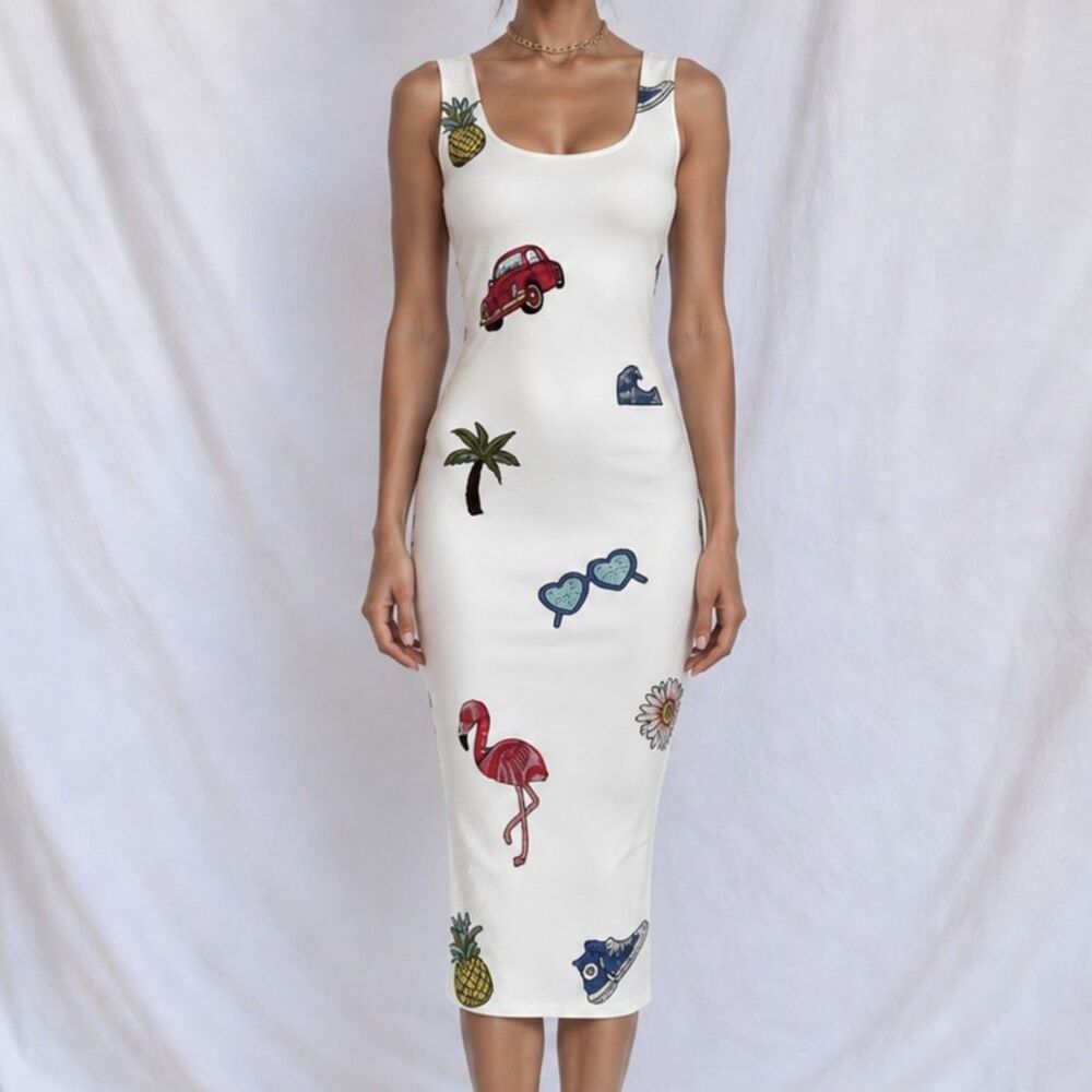Vintage Y2K Nicole Miller White Knit Midi Length Printed Bodycon Dress Size M